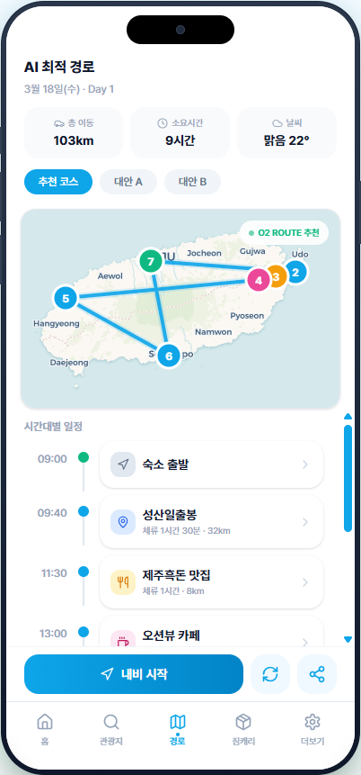AI 최적 경로 화면: 지도와 시간대별 일정